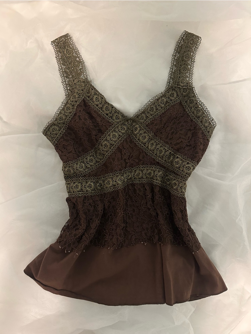 Brown Lace Bustier Top with Olive Trim